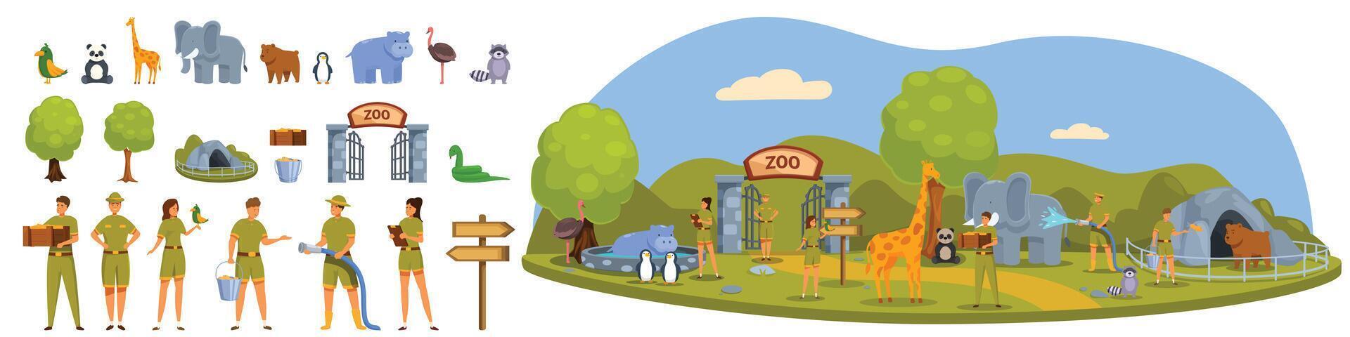 cuidador del zoológico íconos conjunto dibujos animados vector. zoo parque animal vector