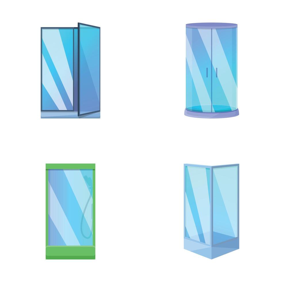Glass door icons set cartoon vector. Various transparent glass door vector