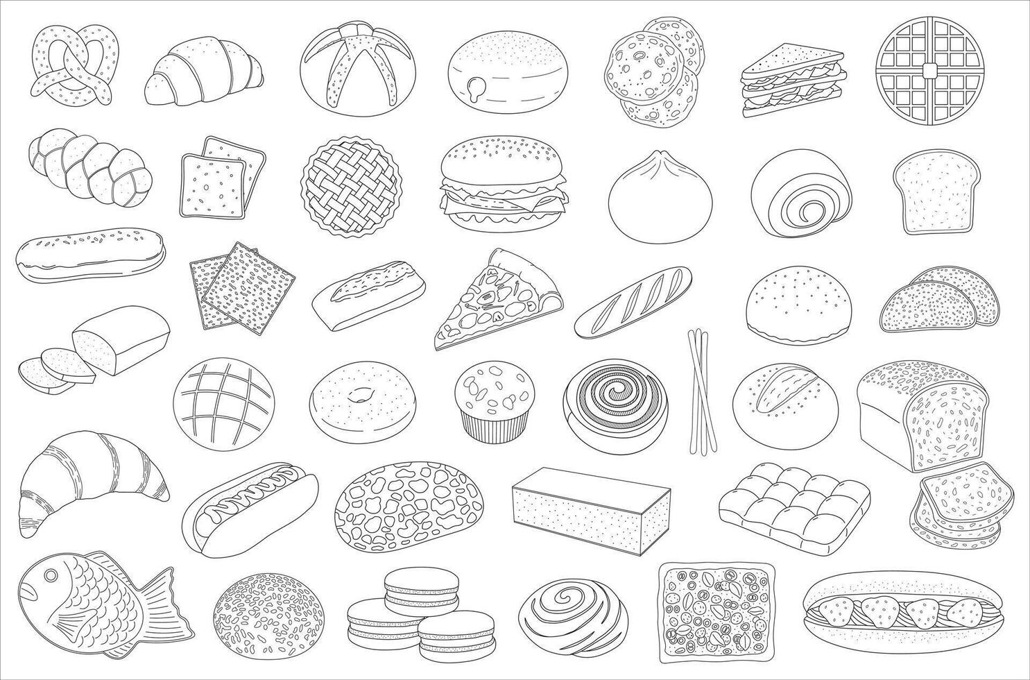 Hand drawn set of bakery bread pastry Collection with croissant and bagel, cinnamon roll and macarons with doughnut in doodle style vector