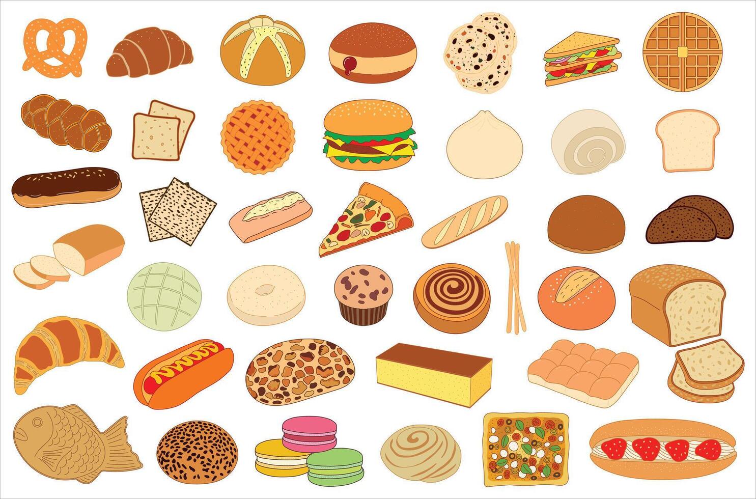set of bakery bread pastry Collection with croissant and bagel, cinnamon roll and macarons with doughnut in doodle style vector