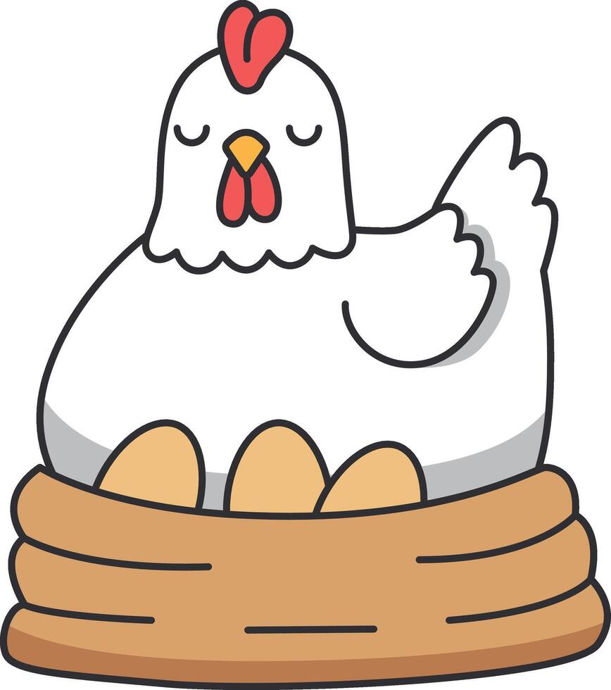 Chicken and eggs in a nest. Vector illustration in flat style.