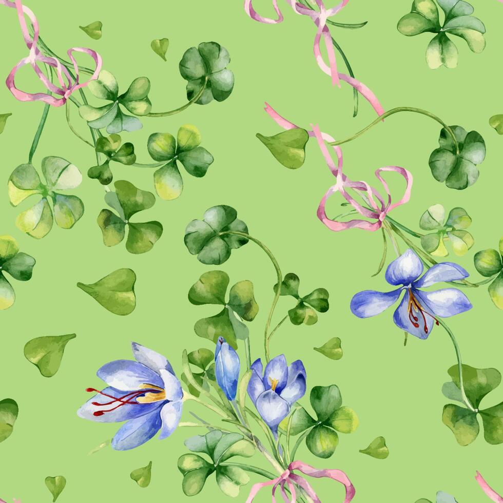 Clover and crocus bunch with ribbon watercolor seamless pattern isolated on green. Painted green shamrock. Lucky symbol hand drawn. Design element for St Patrick day, banner, textile, wallpaper. vector
