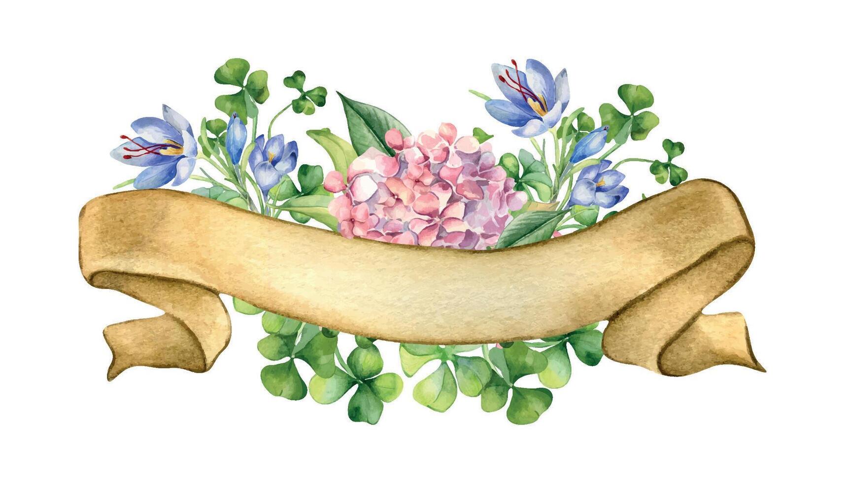 Ribbon banner with shamrock and spring flowers watercolor illustration isolated on white. Painted clover, crocus flowers. Happy Birthday ribbon material. For St.Patricks day, Easter, mother day vector