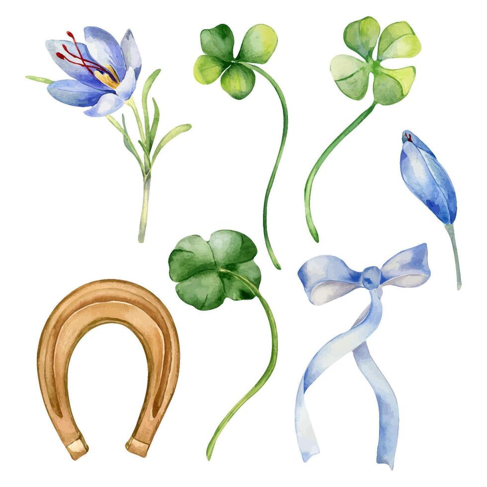 Watercolor set clover and crocus illustration isolated on white. Shamrock and ribbon bow hand drawn. Painted lucky symbol horseshoe. Design element for celebration St.Patricks day banner, postcard vector