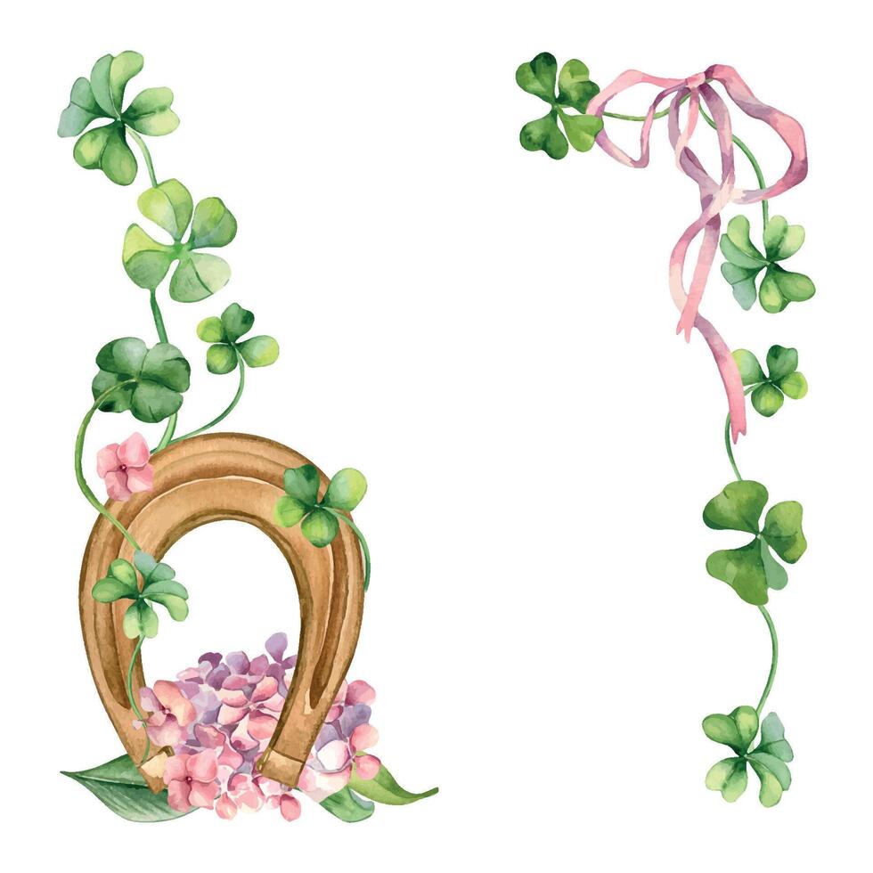 Frame with horseshoe and clover watercolor illustration isolated on white. Painted shamrock, spring flowers. Board with lucky symbol hand drawn. Design for St.Patricks day,Easter, springtime card. vector