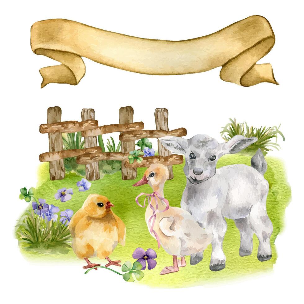 Rural scene with baby animals on field. Watercolor illustration with pets isolated on white. Chick, gosling and lamb hand drawn. Farm landscape with rustic fence. Easter scene with ribbon banner. vector