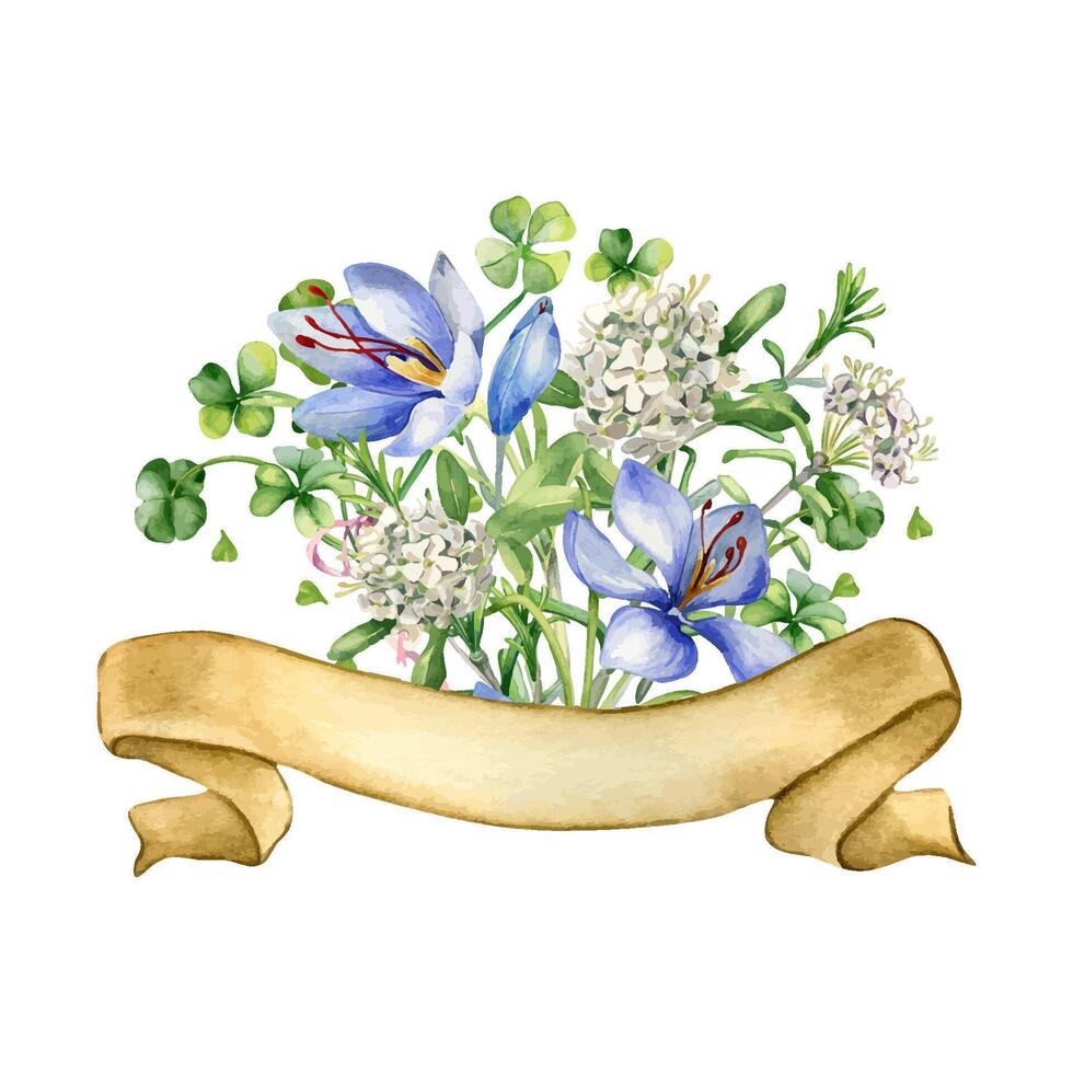 Ribbon banner with spring flowers watercolor illustration isolated on white. Painted clover, crocus flowers. Design material for Irish holiday hand drawn. For St Patrick day, Easter, mother day. vector