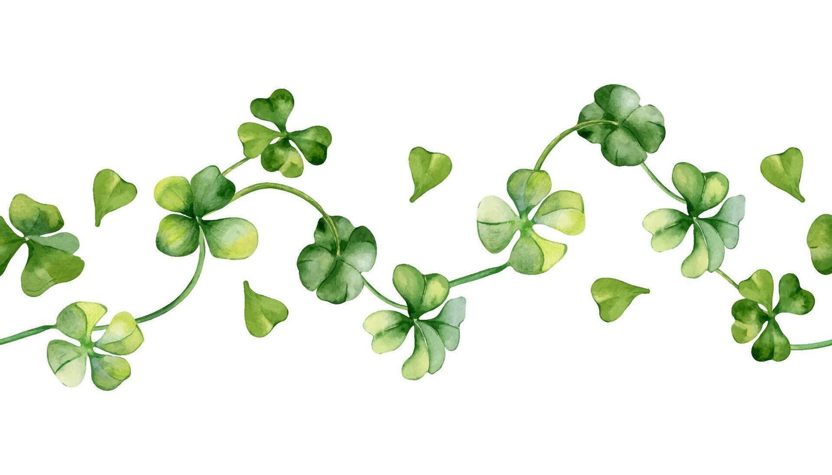 Seamless border with shamrock watercolor illustration isolated on white. Painted green four leaves. Hand drawn clover Irish symbol. Design element for St.Patricks day postcard, package, web banner vector