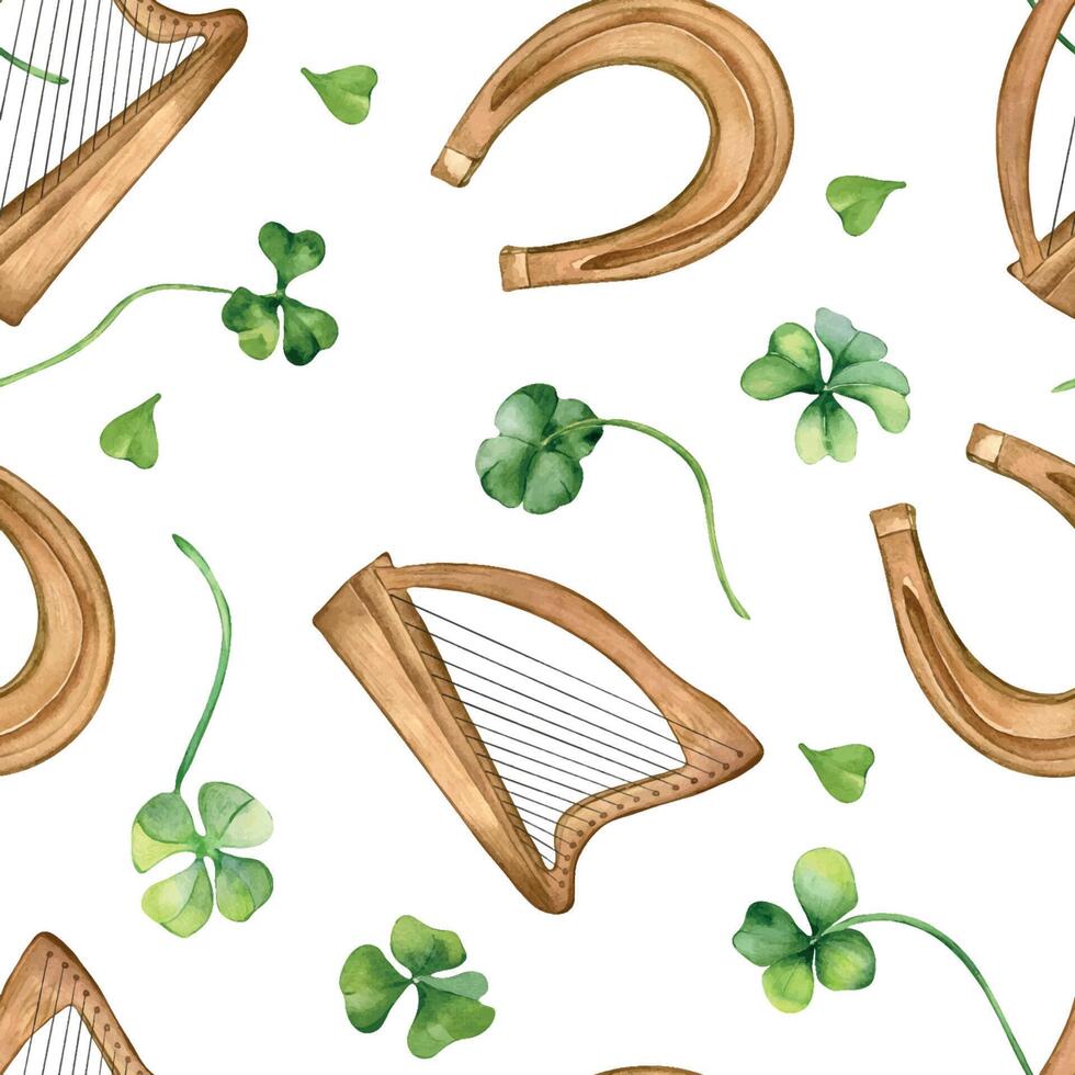 Shamrock and harp watercolor seamless pattern isolated on white background. Green clover hand drawn. Painted lucky symbol four leaves. Design element for celebration St Patrick day banner, wallpaper. vector