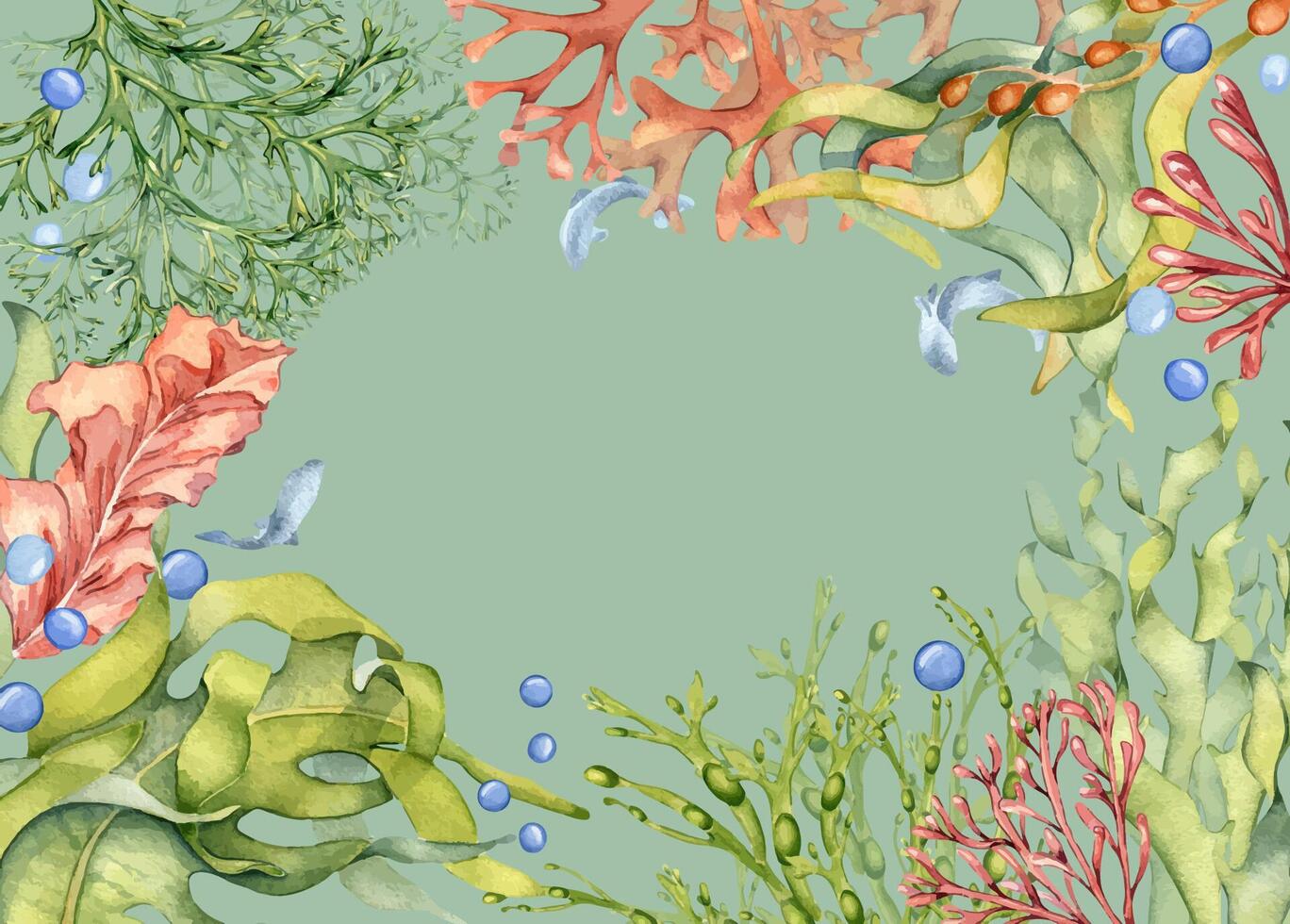 acuarela marco de vistoso mar plantas ilustración aislado en azul. laminaria, quelpo mano dibujado. pintado algas borde. diseño elemento para letrero, etiqueta, envase, marina embalaje recopilación. vector