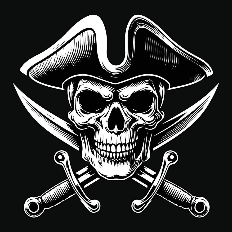 Dark Art Pirates Skull Head with Hat Pirates Black and White Illustration vector