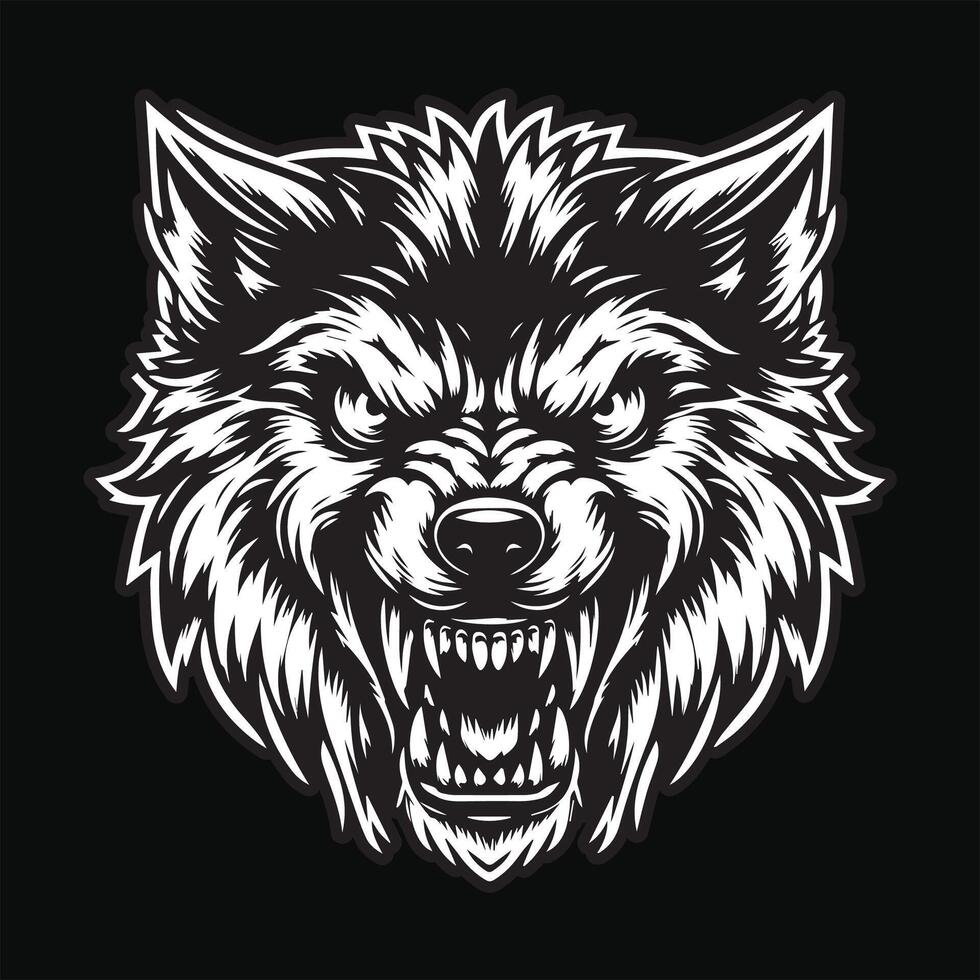 Dark Art Wolf Angry Scary Head Black and White Illustration vector