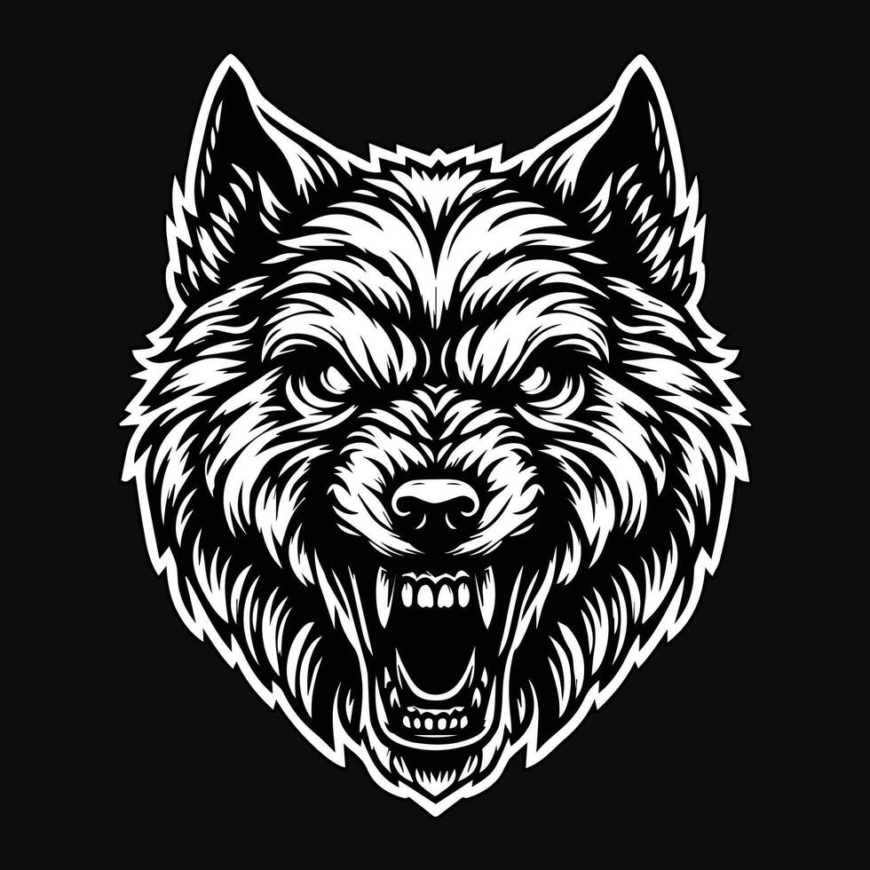 Dark Art Skull Angry Beast Wolf Head Black and White Illustration vector