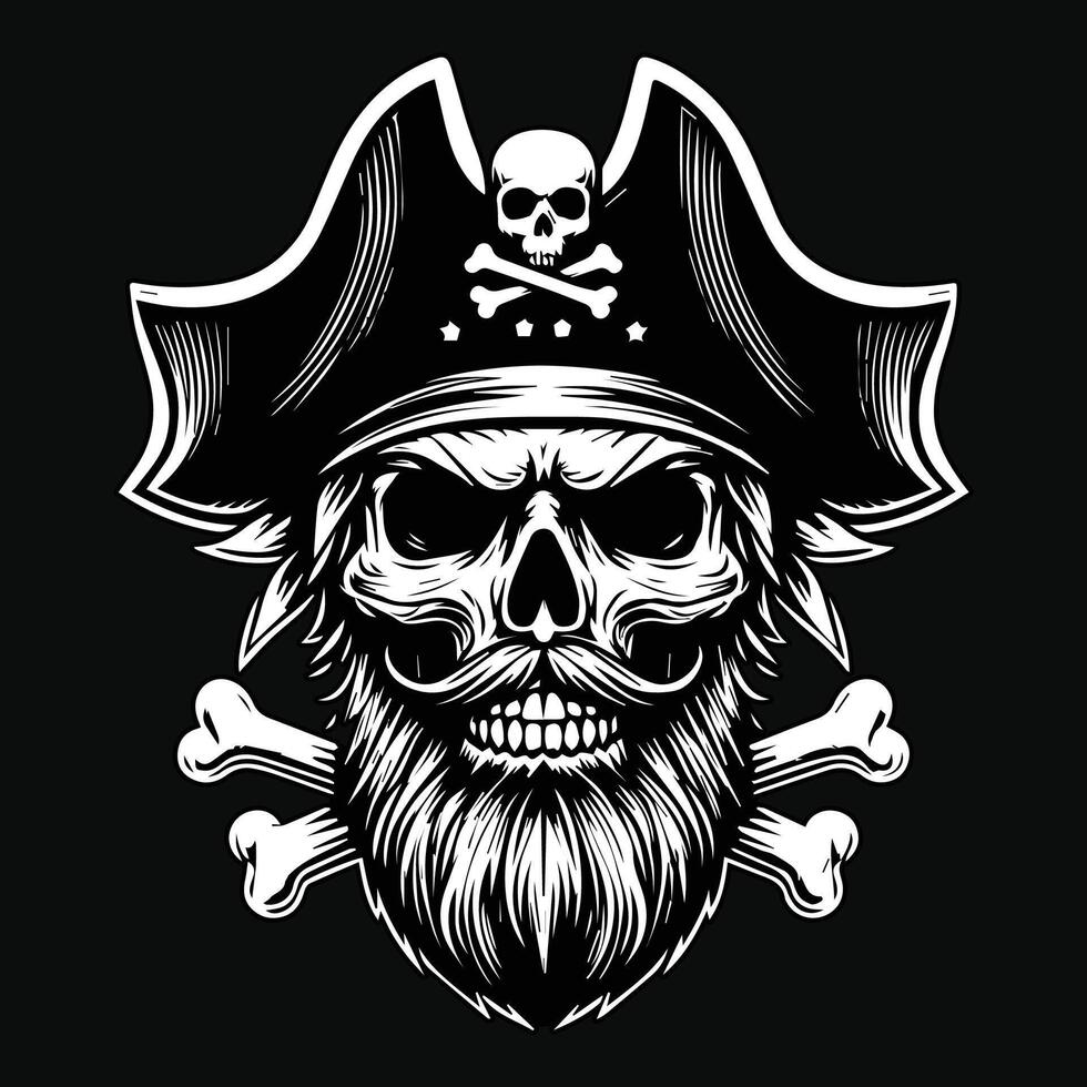 Dark Art Pirates Skull Head with Hat Pirates Black and White Illustration vector