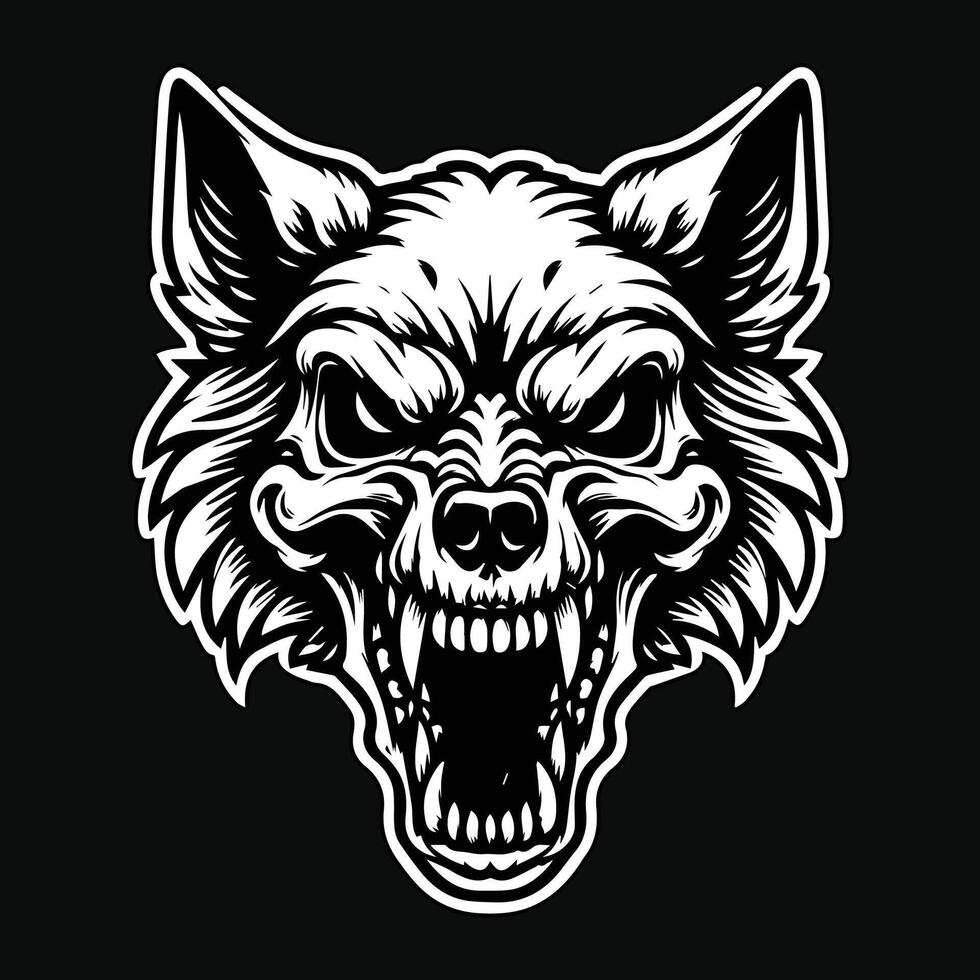 oscuro Arte cráneo enojado bestia lobo cabeza negro y blanco ilustración vector