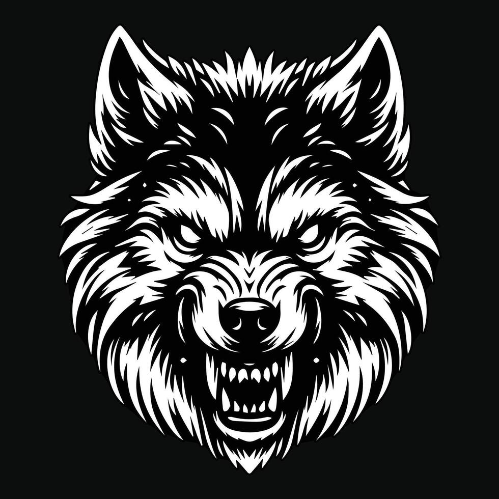 Dark Art Angry Wolf Head Black and White Illustration vector