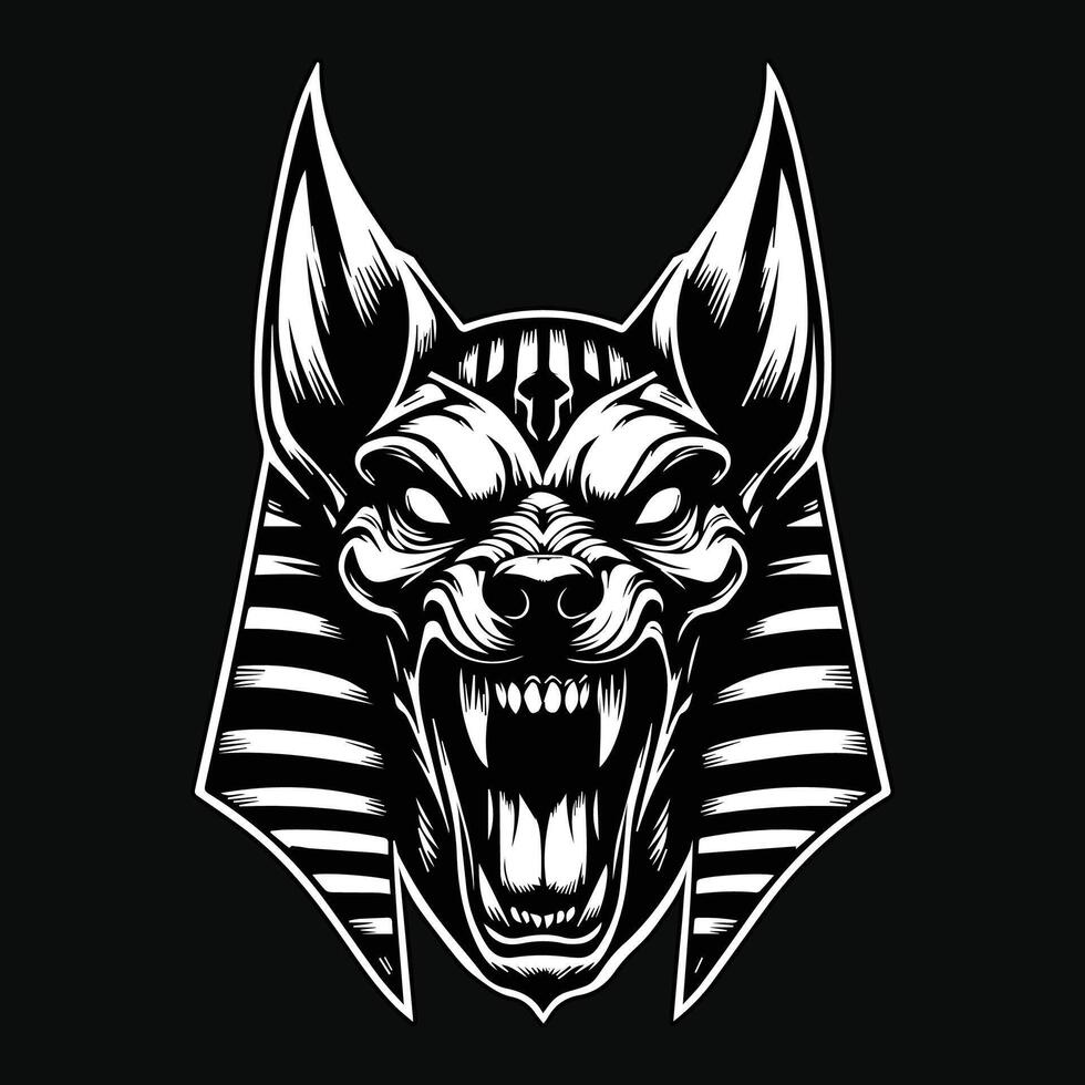 Dark Art Angry Anubis Head Black and White Illustration vector