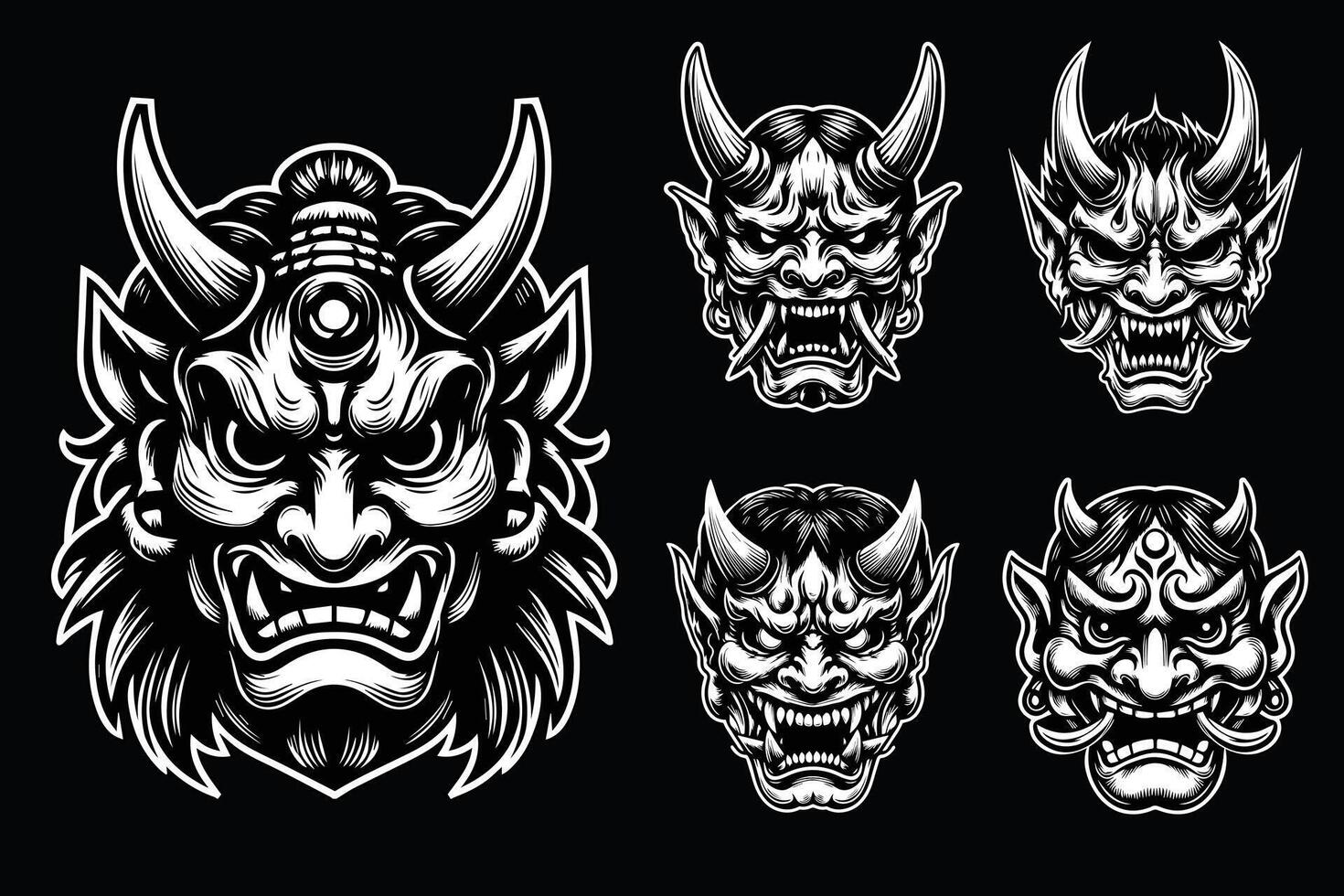 Dark Art Scary Japanese Oni Mask Black and White Illustration vector