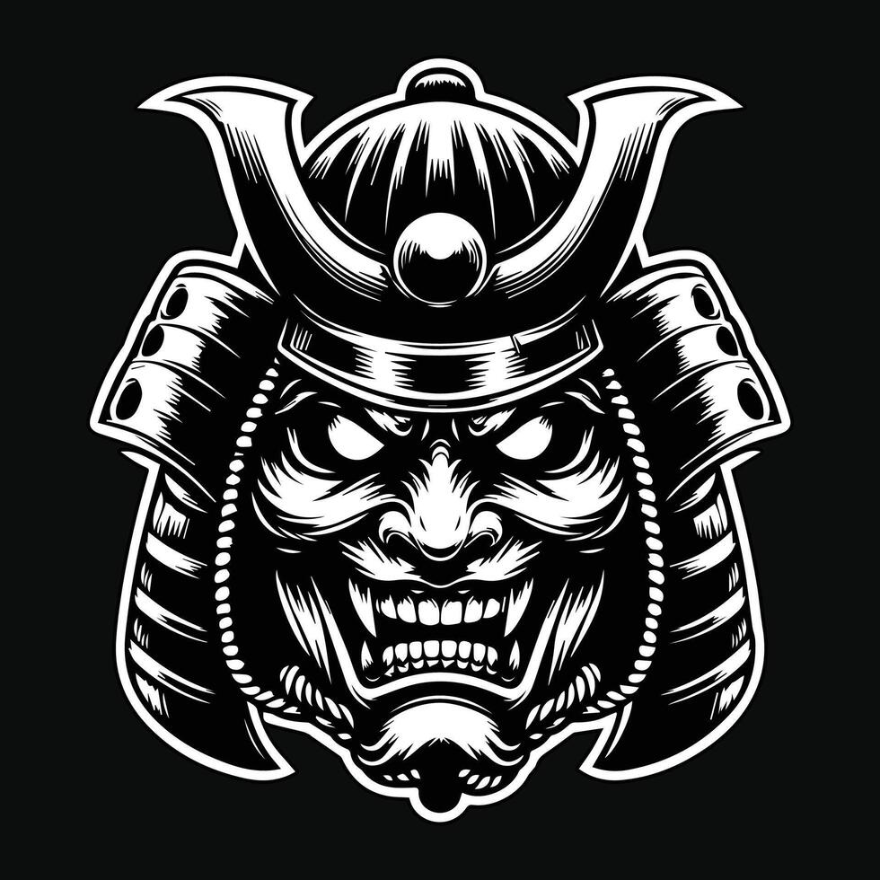Dark Art Scary Japanese Samurai Mask Black and White Illustration vector