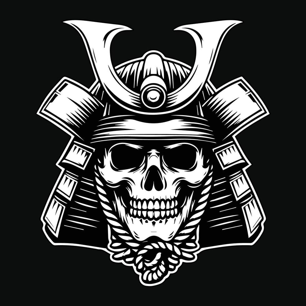 oscuro Arte cráneo samurai japonés cabeza negro y blanco ilustración vector