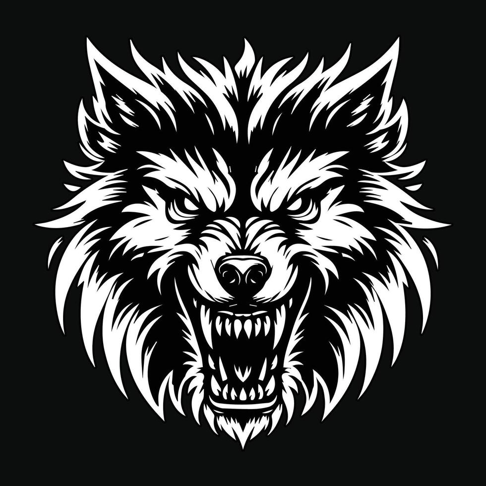 oscuro Arte enojado lobo cabeza negro y blanco ilustración vector