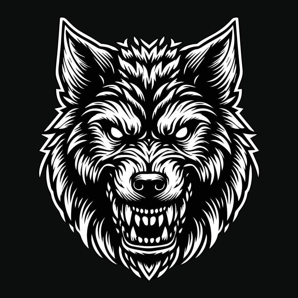 oscuro Arte enojado lobo cabeza negro y blanco ilustración vector