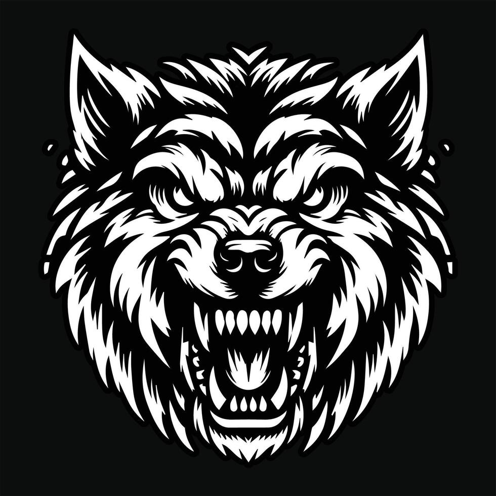 Dark Art Dog Angry Head with Sharp Teeth Black and White Illustration vector