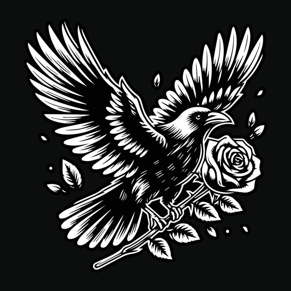 Crow Stand with Rose Flower Grunge Vintage Style Hand Drawn Illustration Black and White vector
