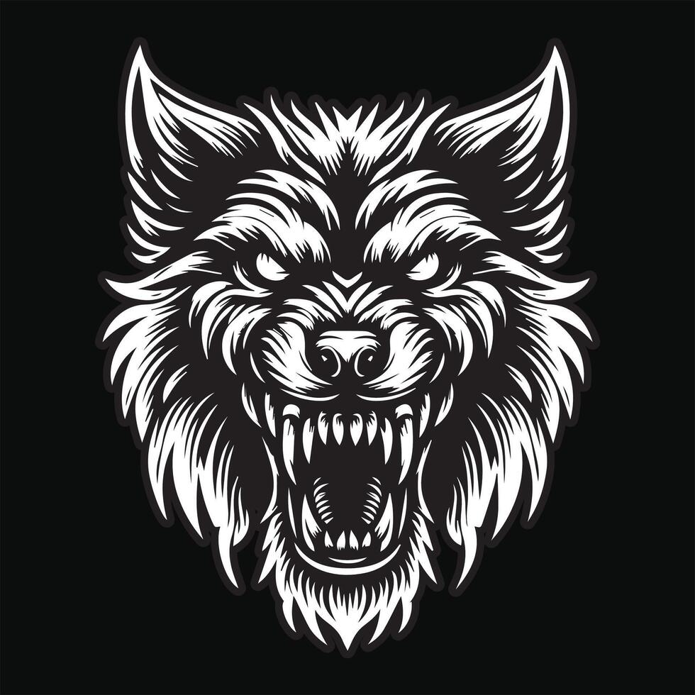 oscuro Arte lobo enojado de miedo cabeza negro y blanco ilustración vector