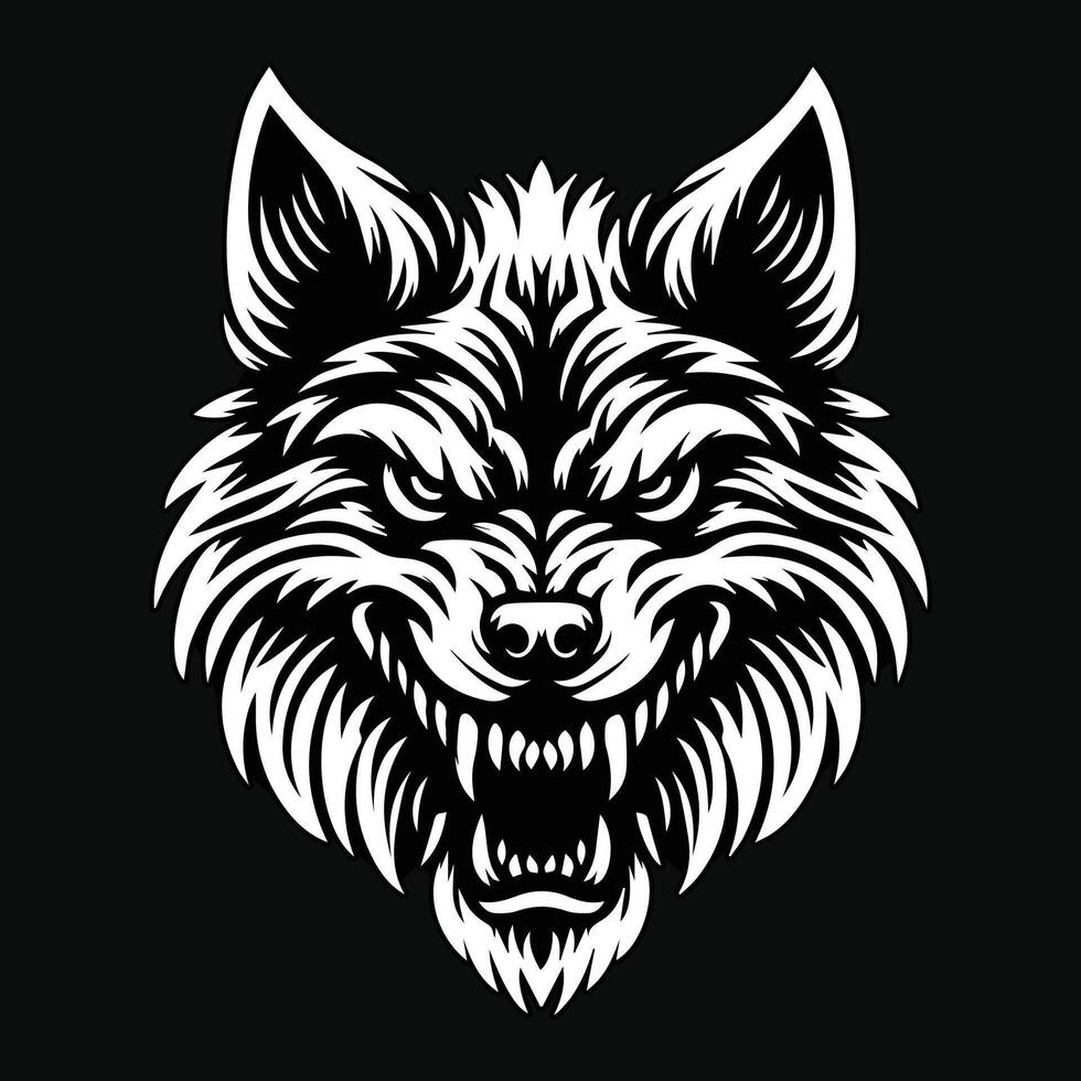 oscuro Arte enojado lobo cabeza negro y blanco ilustración vector