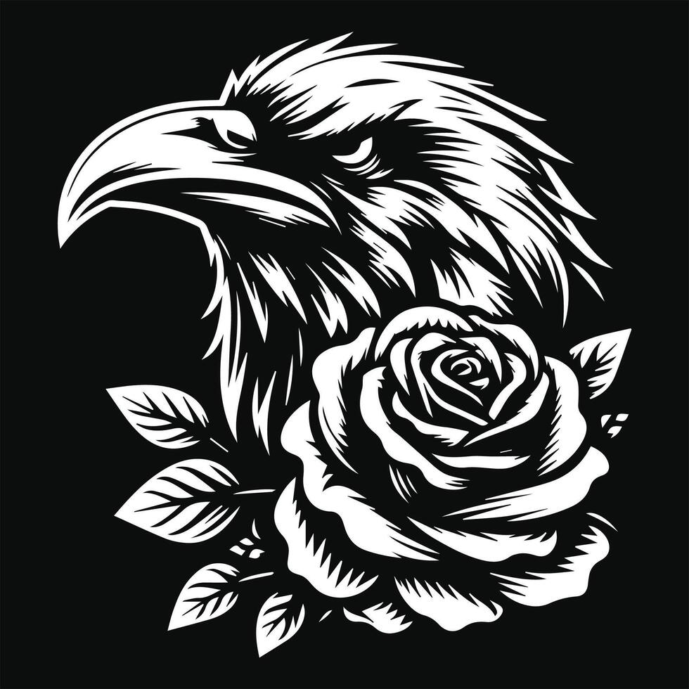 cuervo cabeza con Rosa flor grunge Clásico estilo mano dibujado ilustración negro y blanco vector