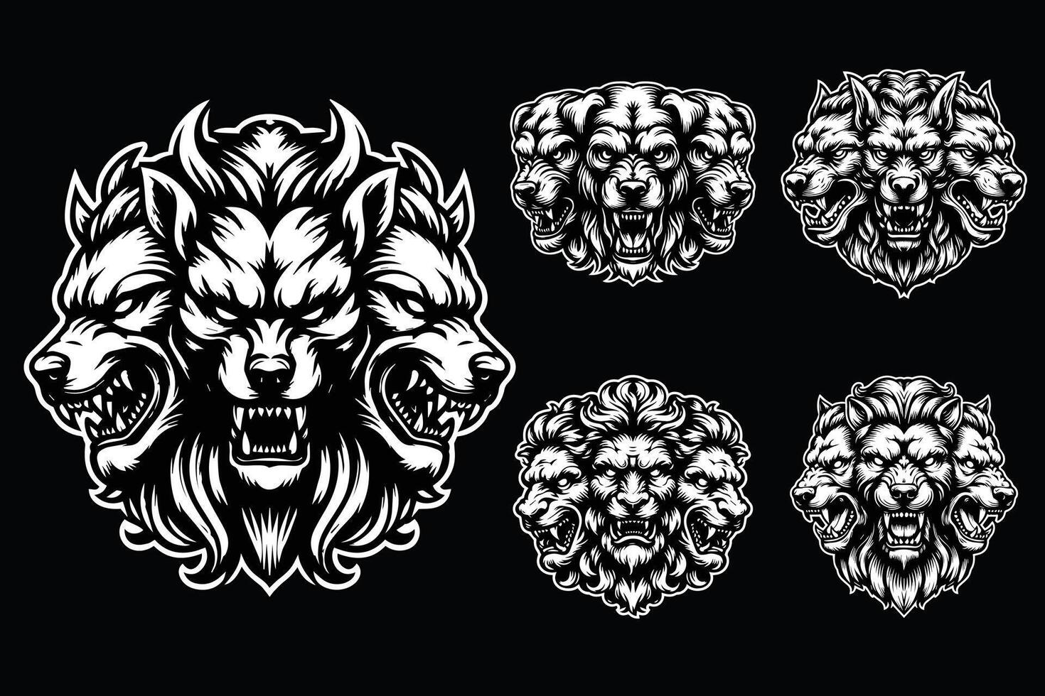 Dark Art Cerberus Dog Head Black and White Illustration vector