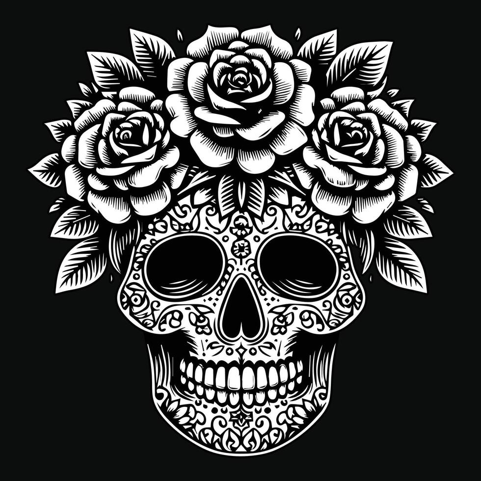 Dark Art Skull Head with Flower Black and White Illustration vector