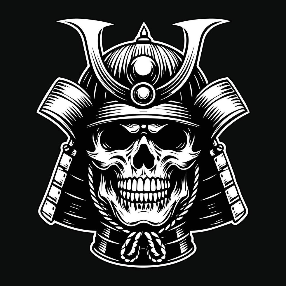 Dark Art Skull Samurai Japanese Head Black and White Illustration vector