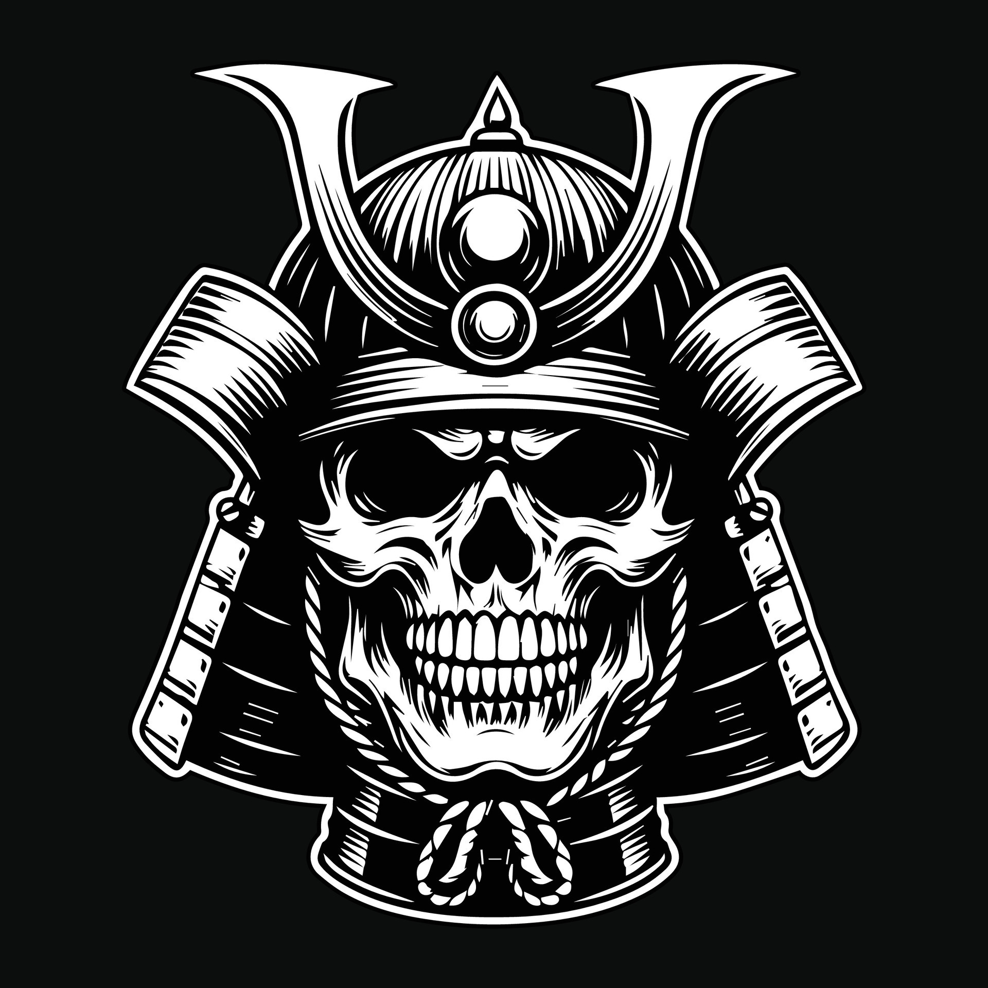 Dark Art Skull Samurai Japanese Head Black and White Illustration