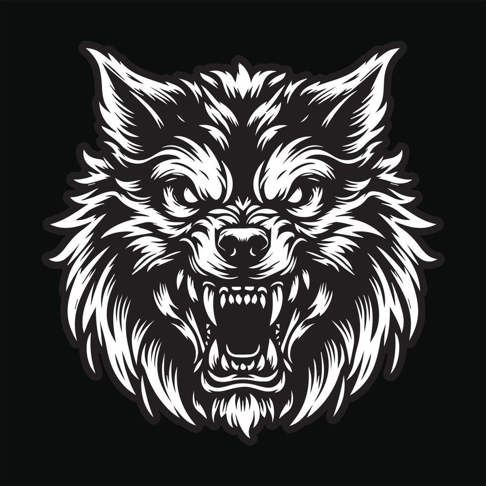 Dark Art Wolf Angry Scary Head Black and White Illustration vector