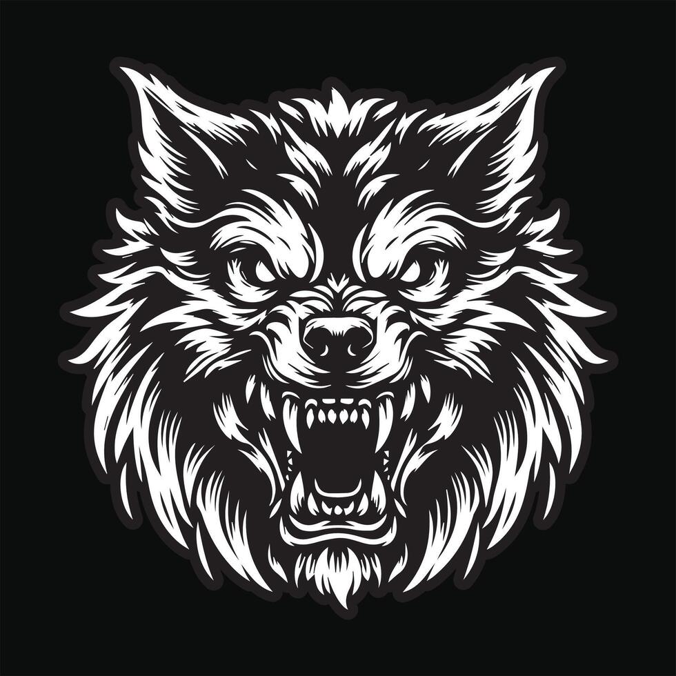 oscuro Arte lobo enojado de miedo cabeza negro y blanco ilustración vector