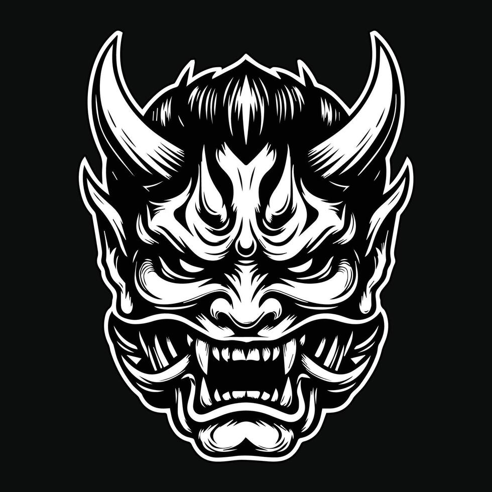 Dark Art Scary Japanese Hannya Mask Black and White Illustration vector