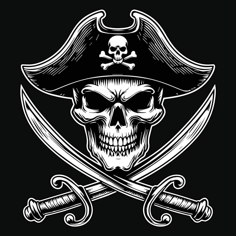 Dark Art Pirates Skull Head with Hat Pirates Black and White Illustration vector