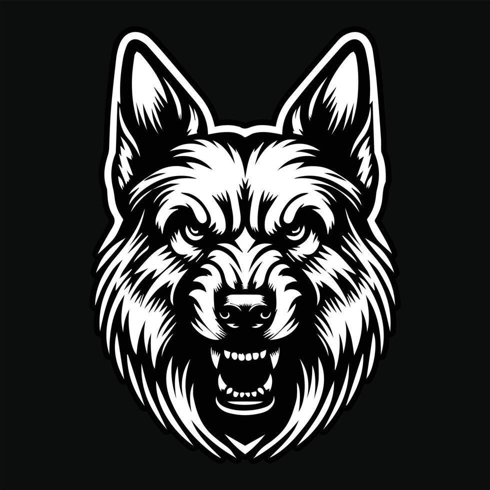 Dark Art Dog Angry Head with Sharp Teeth Black and White Illustration vector