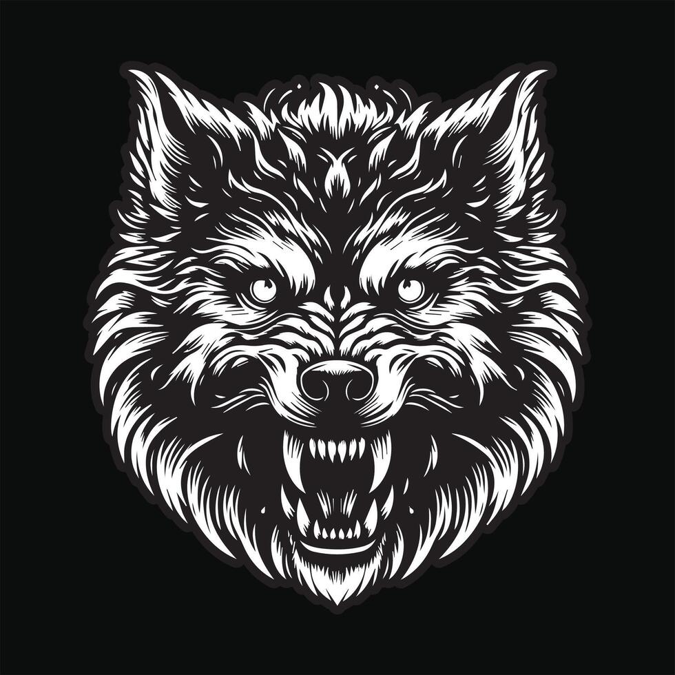 oscuro Arte lobo enojado de miedo cabeza negro y blanco ilustración vector