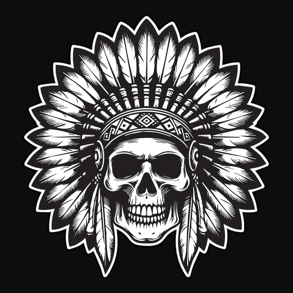Dark Art Indian Skull Head with Indian Hat Black and White Illustration vector