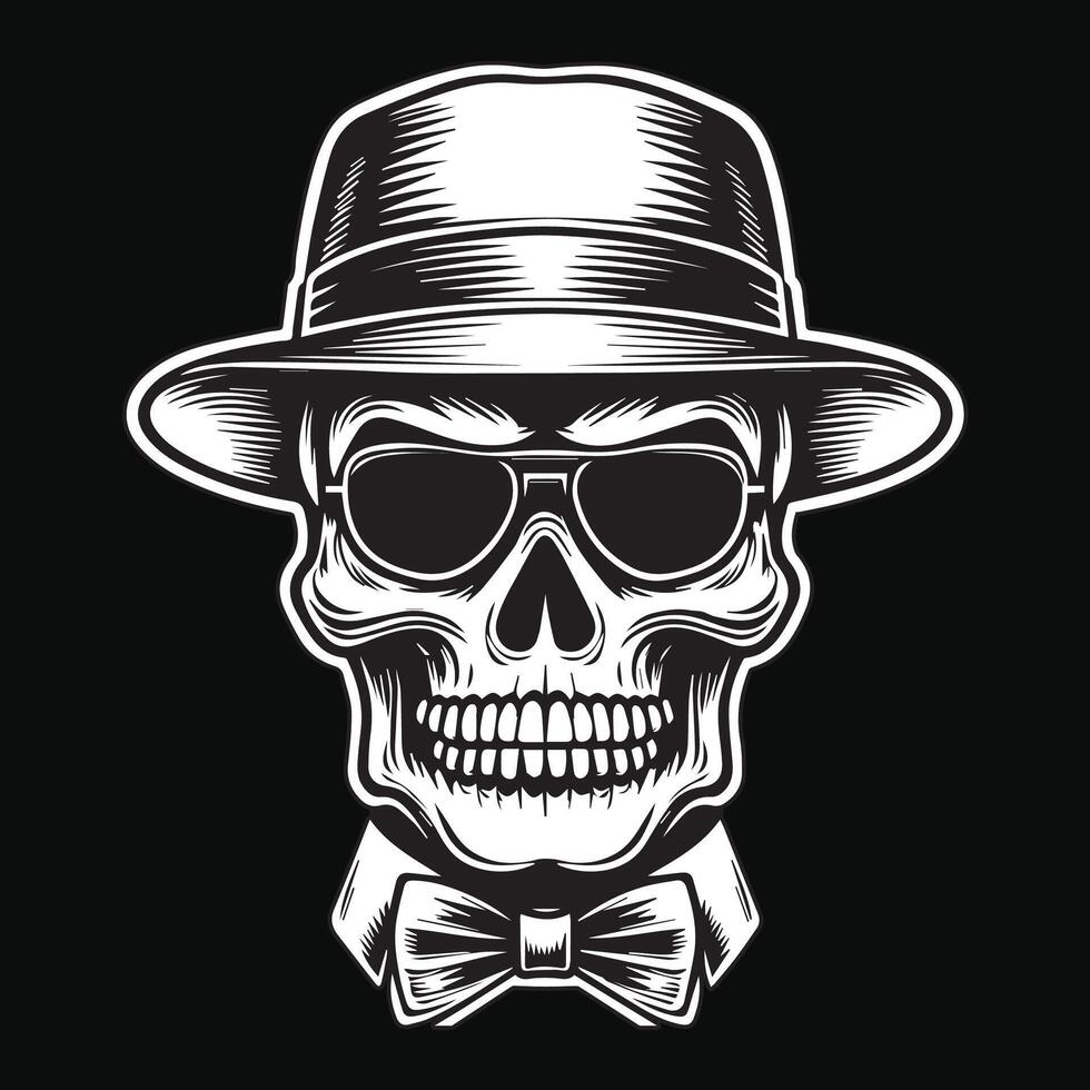 Dark Art Skull Mafia Head with Hat and Collar Black and White Illustration vector