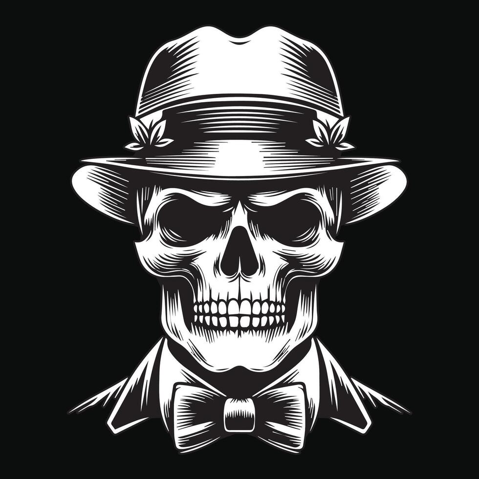Dark Art Skull Mafia Head with Hat and Collar Black and White Illustration vector