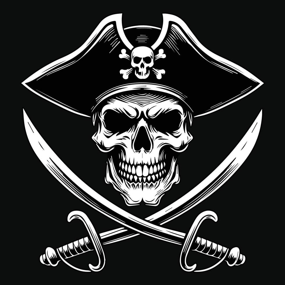 Dark Art Pirates Skull Head with Hat Pirates Black and White Illustration vector