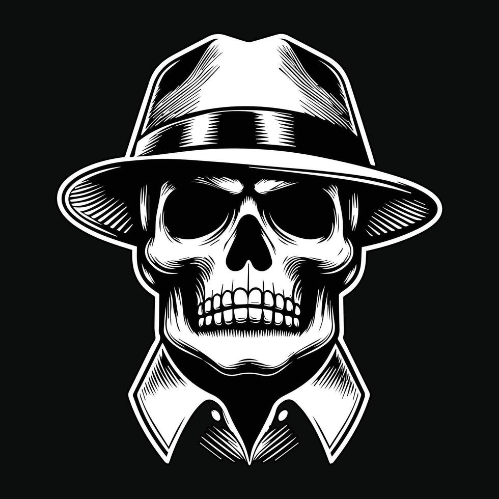 Dark Art Skull Mafia Head with Hat and Collar Black and White Illustration vector