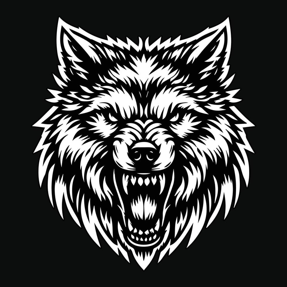 oscuro Arte enojado lobo cabeza negro y blanco ilustración vector