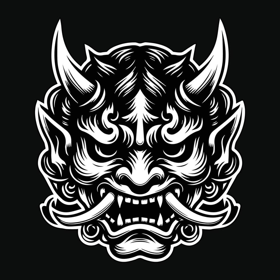 Dark Art Scary Japanese Hannya Mask Black and White Illustration vector
