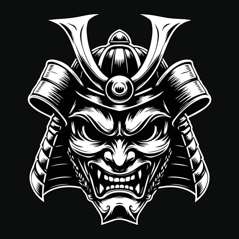 Dark Art Scary Japanese Samurai Mask Black and White Illustration vector