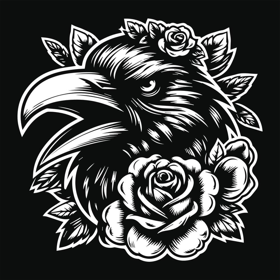 Crow Head with Rose Flower Grunge Vintage Style Hand Drawn Illustration Black and White vector